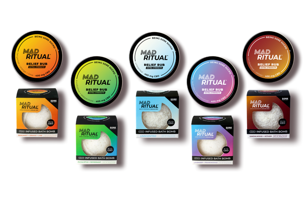 Full range of Mad Ritual's CBD products including extra strength relief rubs and bath bombs